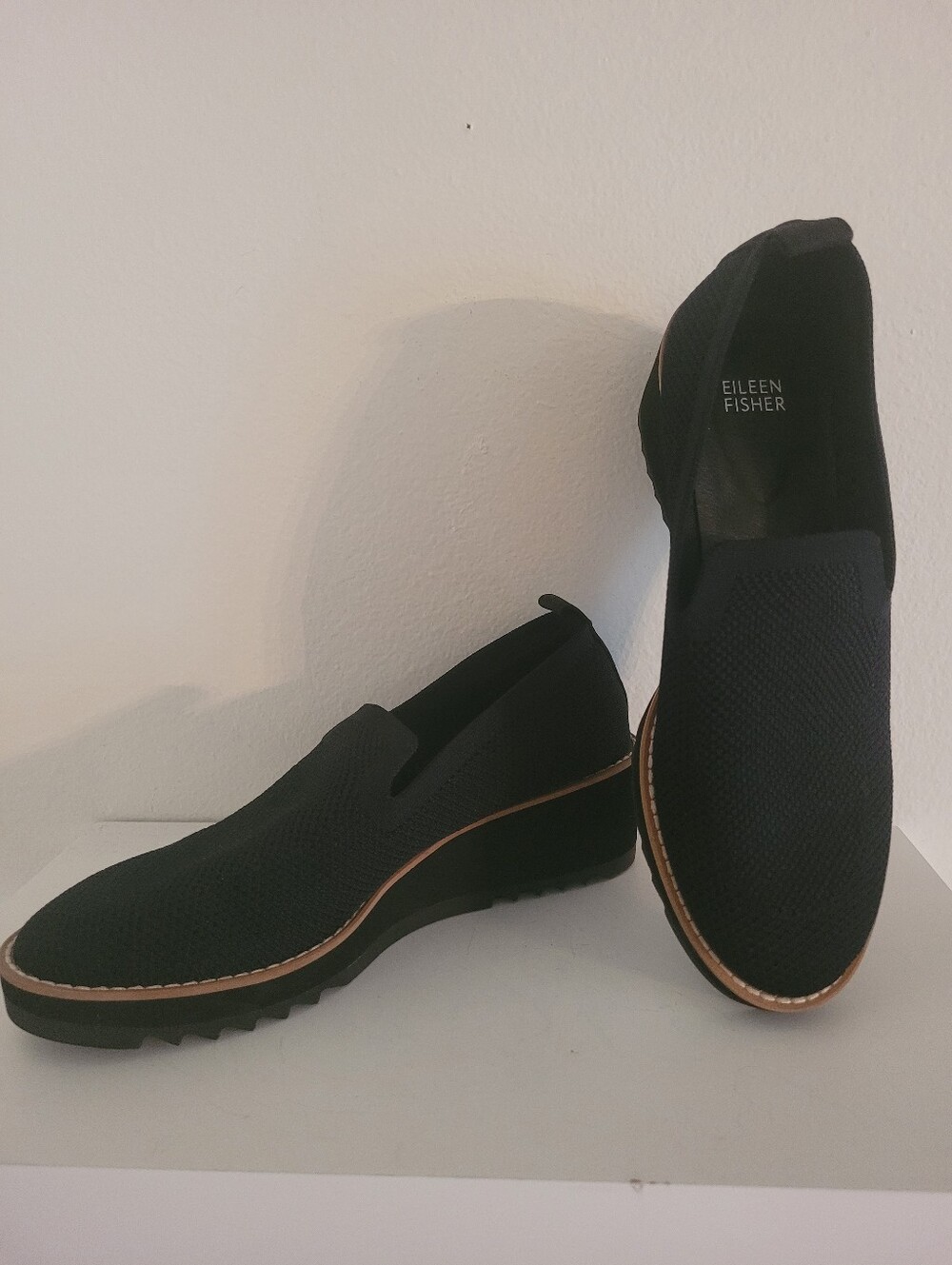 Eileen Fisher Lindey Black Knit Slip-On Loafers with Brown Trim Size 8.5